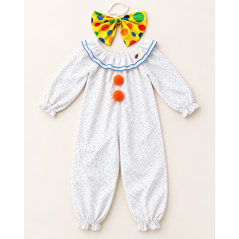 Vintage 80s Mothercare Clown Costume Polka Dot Jumpsuit Kids 6-8 with Bow